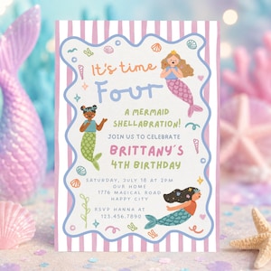 Mermaid 4th Birthday Invitation: It's Time FOUR Shellabration Vintage Hand Drawn Party Invite, Any Age (Editable Canva Template)