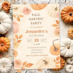 Invitación de cumpleaños vintage con calabaza, invitación para fiesta de cosecha otoñal (plantilla editable de Canva)