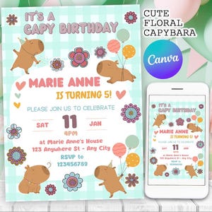 Convite de aniversário de capivara, convite fofo para festa de capivara, convite divertido de capivara kawaii | Canva editável para impressão, download instantâneo