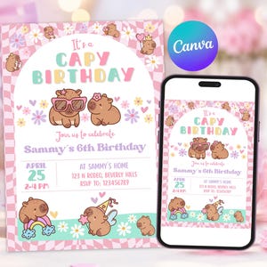 Capybara Birthday invitation, Cute Floral Pink Girls Capybara Party Invite, Spring Capy Birthday