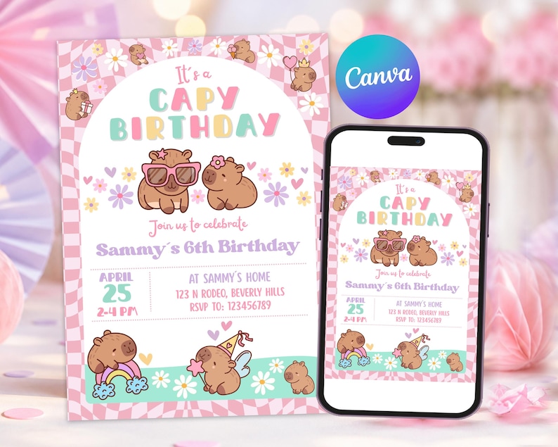Capybara Birthday invitation, Cute Floral Pink Girls Capybara Party Invite, Spring Capy Birthday
