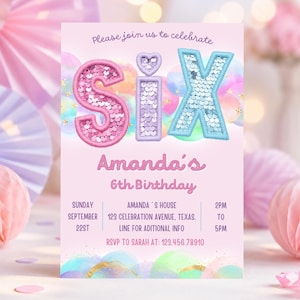 Sequin 6th Birthday Invitation, Patch Letters 6 Years Old Party Invite (Editable Canva Template)