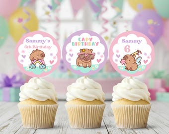 Adornos florales para cupcakes de capibara, decoración para fiesta de cumpleaños (Canva, editable e imprimible)