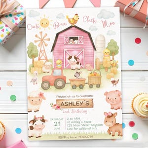 Farm Birthday Invitation, Watercolor Pink Girl Farm Animals Party Invite, Barn Animals Invite | Canva Editable Printable Instant Download