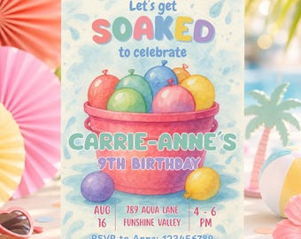 Water Balloon Birthday Invitation, Water Splash Party Invite, Lets Get Soaked (Editable Canva)