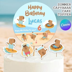 Capybara Cake Topper, Summer Boys Capybara Cake Decorations, Summer Capybara Pool Party Supplies | Canva EDITABLE Printable Instant Download