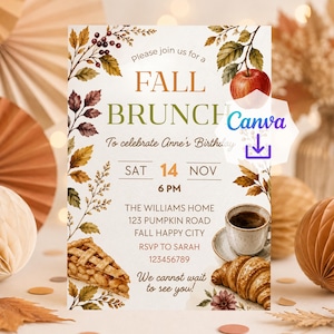 Editable Fall Brunch Birthday Invitation Template: Autumn Girl Invite, Any Age (Canva, Digital Download)