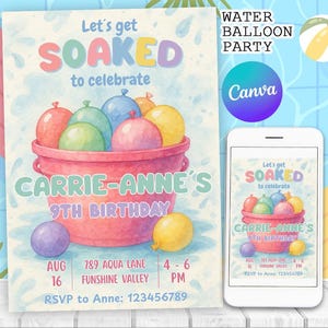 Water Balloon Birthday Invitation, Pink Girls Water Splash Party Invite, Summer Birthday Invite | Canva Editable Printable Instant Download
