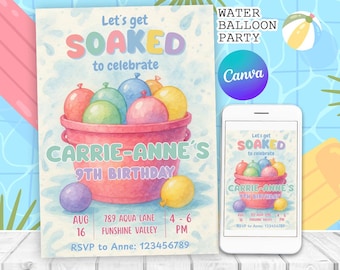 Water Balloon Birthday Invitation, Pink Girls Water Splash Party Invite, Summer Birthday Invite | Canva Editable Printable Instant Download
