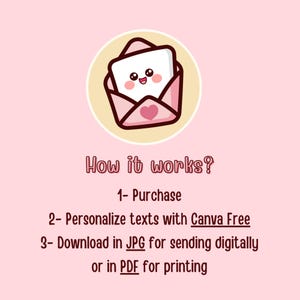 May include: A pink and white cartoon envelope with a smiling face and a heart. The text "How it works?" is above the envelope. The text below the envelope reads "1- Purchase, 2- Personalize texts with Canva Free, 3- Download in JPG for sending digitally or in PDF for printing."