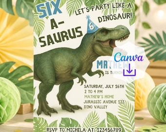 May include: A birthday invitation card featuring a green Tyrannosaurus Rex wearing a blue party hat with the number 6. The text reads: SIX A-SAURUS, LET'S PARTY LIKE A DINOSAUR!, MATHEW IS TURNING 6, SATURDAY, JULY 16TH, 2 TO 4 PM, MATHEW'S HOME, JURASSIC AVENUE 123, DINO VALLEY, RSVP TO MICHELA AT: 123456789.