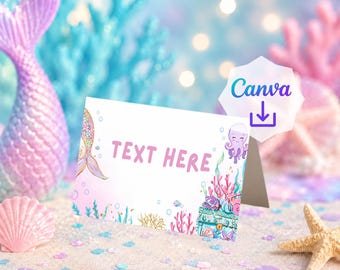 Editable Mermaid Food Labels Template: Under The Sea Birthday Party Decoration (Canva, Digital Download)