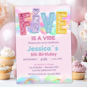 Sequin 5th Birthday Invitation, Patch Letters Party Invite, Five Is a Vibe (Editable Canva Template)
