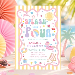May include: A rectangular birthday invitation card with yellow and white vertical stripes. The text reads: SPLASH INTO FOUR, JOIN US TO CELEBRATE AMELIE'S 4TH BIRTHDAY, JULY 31, 2-4PM, AMELIE'S HOUSE, 1776 OCEAN ROAD, SUNNY CITY, CA 90210, RSVP HANNA AT 1234567890.