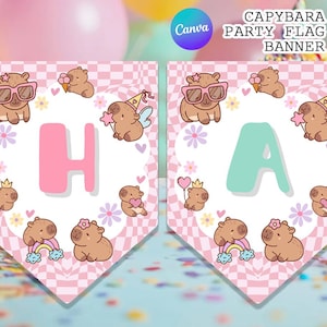 Banderas de fiesta de capibara, linda bandera floral rosa de cumpleaños de capibara, letrero de guirnalda de capibara / Canva, editable, imprimible, descarga instantánea