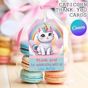 de remerciement Caticorne, étiquettes de remerciement licorne chat arc-en-ciel mignon, mot de remerciement Caticorne | Téléchargement instantané imprimable modifiable Canva