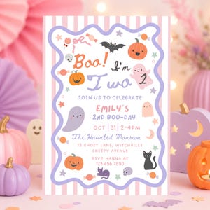 May include: A rectangular invitation card with pink and white vertical stripes, featuring a wavy purple border. It displays Halloween-themed illustrations including ghosts, pumpkins, bats, cats, and candy, with text reading Boo! I'm Two, Emily's 2nd Boo-Day.