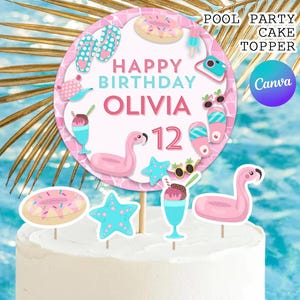 Pink Pool Party Cake Topper, Pink Girls Swim Party Cake Decorations, Summer Pool Party Supplies | Canva EDITABLE Printable Instant Download