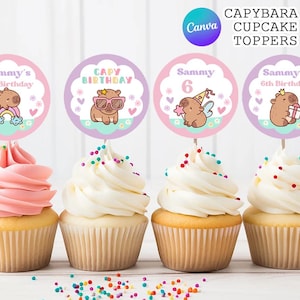 Adornos para cupcakes de carpincho, suministros florales para fiestas de carpincho, decoración de cumpleaños de carpincho, adornos de carpincho / Descarga de plantillas editables e imprimibles de Canva
