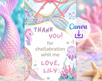 Editable Mermaid Thank You Cards Template: Under The Sea Birthday Party Favor Tags (Canva, Digital Download)