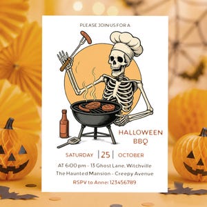 Halloween Barbecue Invitation, Skeleton Bbq Backyard Party Invite, Halloween Neighborhood Bbq (Editable Canva Template)