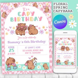 Capibara verjaardagsuitnodiging, schattige bloemen roze meisjes capibara feestuitnodiging, lente capy verjaardag | Canvas BEWERKBAAR afdrukbaar direct downloaden