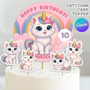 Caticorn Cake Topper, Cat Unicorn Cake Decorations, Cute Rainbow Cat Unicorn Party Supplies | Canva EDITABLE Printable Instant Download