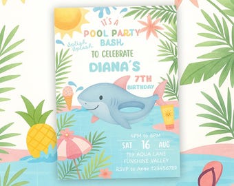 Shark Float Birthday Invitation, Splash Bash Party Invite, 5 x 7 in, Any Age | Editable Canva Template | Instant Download