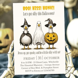 Halloween Goose Invitation, Spooky Goose Halloween Costume Party Invite, Silly Ghost Party Invite | Canva Editable Printable Inst Download