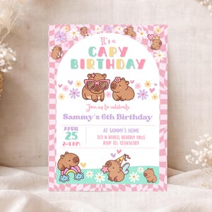 Capybara Birthday invitation, Cute Floral Pink Girls Capybara Party Invite, Spring Capy Birthday