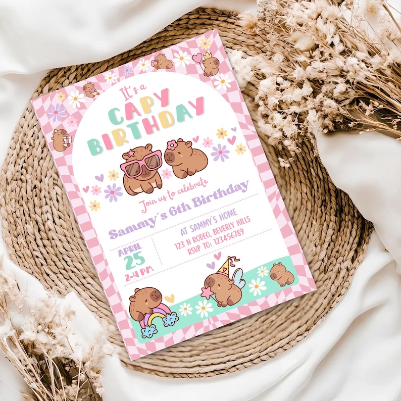 Capybara Birthday invitation, Cute Floral Pink Girls Capybara Party Invite, Spring Capy Birthday