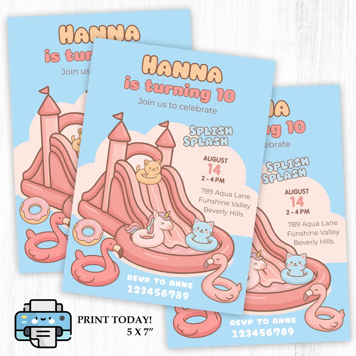 Floating Invite Waterslide Birthday Invitation, Cute Girls Water Slide Party Invite ...