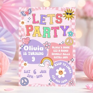 May include: A pink and white checkered party invitation featuring the text LETS PARTY in glittery letters. Graphics include a sun with sunglasses, a rainbow, peace signs, hearts, and smiley face flowers. Details include Olivia is turning 9.