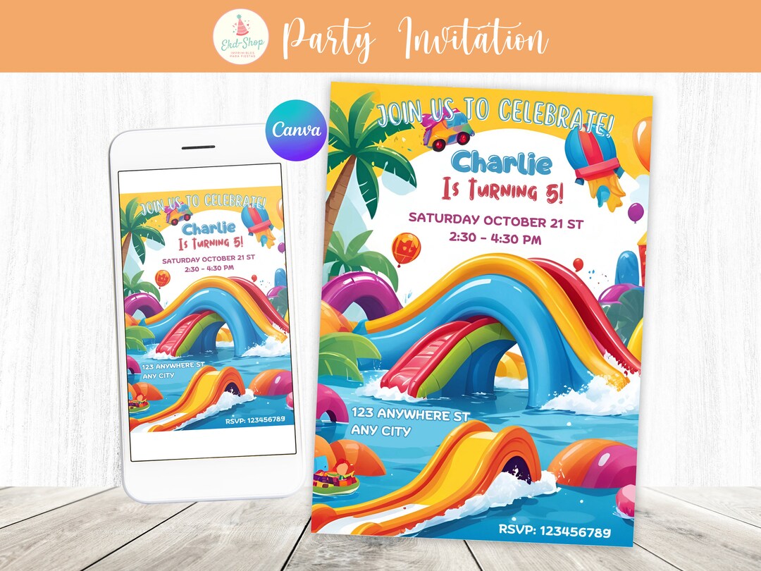 Printable Water Slide Birthday Party Invitations, Boy Water Slide ...