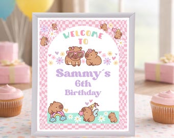Floral Capybara Welcome Sign, Custom Birthday Party Decor (Canva Editable Printable)