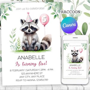 Faire-part d'anniversaire raton laveur, invitation de fête raton laveur mignon fille aquarelle, 5e anniversaire, tout âge | Impression imprimable, modifiable, téléchargement immédiat sur Canva
