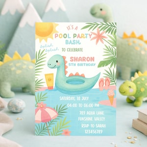 Dinosaur Float Birthday Invitation, Splish Splash Summer Pool Party Invite (Editable Canva Template)