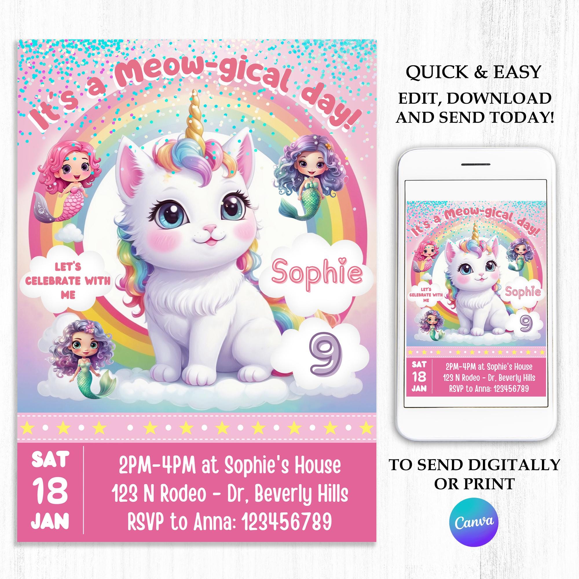 Caticorn Birthday Invitation, Mermaids Rainbow Cat Unicorn Party Invite ...