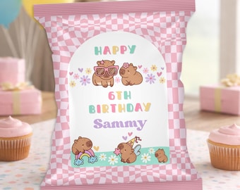 Floral Capybara Birthday Chip Bag: Editable Capybara Party Favors (Canva, Instant Download)