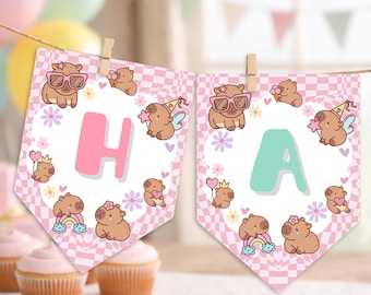 Capybara Party Flags, Cute Floral Pink Capybara Birthday Flag Banner, Capybara Garland Flag Sign | Canva EDITABLE Printable Instant Download