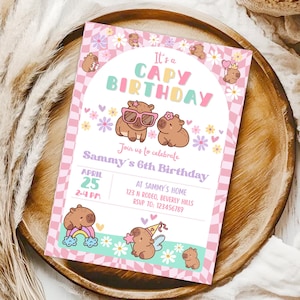 Capybara Birthday invitation, Cute Floral Pink Girls Capybara Party Invite, Spring Capy Birthday