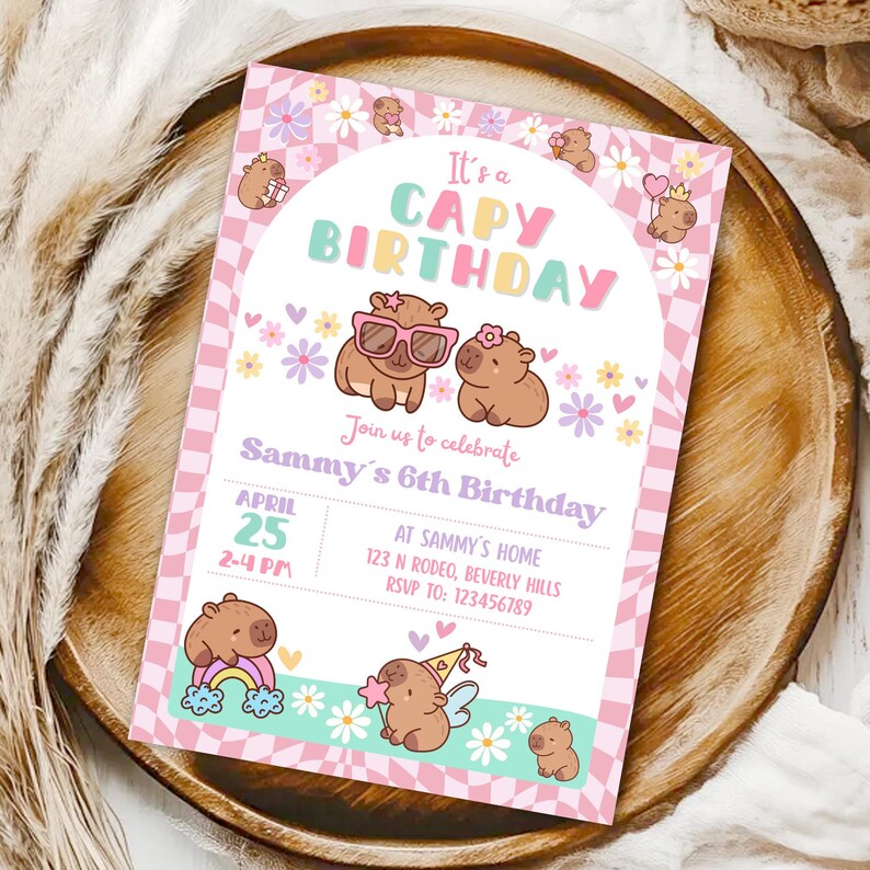 Capybara Birthday invitation, Cute Floral Pink Girls Capybara Party Invite, Spring Capy Birthday