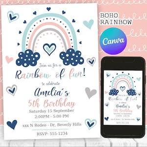 Invitación de cumpleaños con arcoíris boho, invitación de fiesta con arcoíris boho dibujada a mano, quinto cumpleaños, cualquier edad / Canva editable, imprimible, descarga instantánea