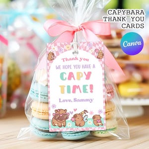 Cartões de agradecimento Capivara, Nota de agradecimento Capivara para meninas fofas e florais em rosa, Artigos para festa Capivara | Canva EDITÁVEL para impressão, download instantâneo