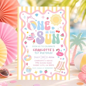 Inbjudan till sommarens 1-årsdag: Inbjudan till poolparty med flickan One in the Sun (redigerbar Canvas-mall)