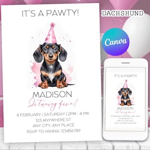Invitación de cumpleaños de perro salchicha, linda invitación de fiesta de cachorro de perro salchicha de acuarela rosa para niña, cualquier edad / Canva editable, descarga instantánea imprimible