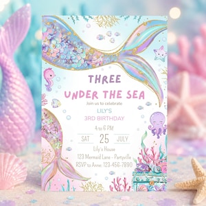 Mermaid 3rd Birthday Invitation: Three Under The Sea Girl Party Invite, Any Age (Editable Template Canva)
