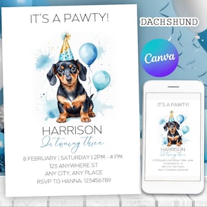 Dackel Geburtstagseinladung, süßer Junge Blau Aquarell Dackel Welpe Party einladen, Jedes Alter | Canva bearbeitbares druckbares Sofort-Download
