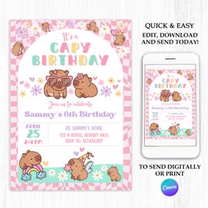 Capybara Birthday invitation, Cute Floral Pink Girls Capybara Party Invite, Spring Capy Birthday