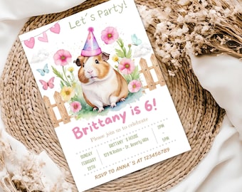 Guinea Pig Birthday Invitation, Floral Guinea Pig Party Invite, Any Age (Editable Canva Template)